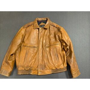 Peter England Brown Vintage Leather Bomber Jacket Plaid Lined Men's‎ Large
